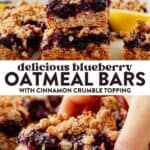 stack of two blueberry oatmeal bars and then a hand grabbing a blueberry oatmeal bar