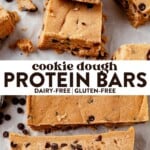 broken pieces of cookie dough protein bars stacked up and then cookie dough protein bars resting on a counter top with chocolate chips