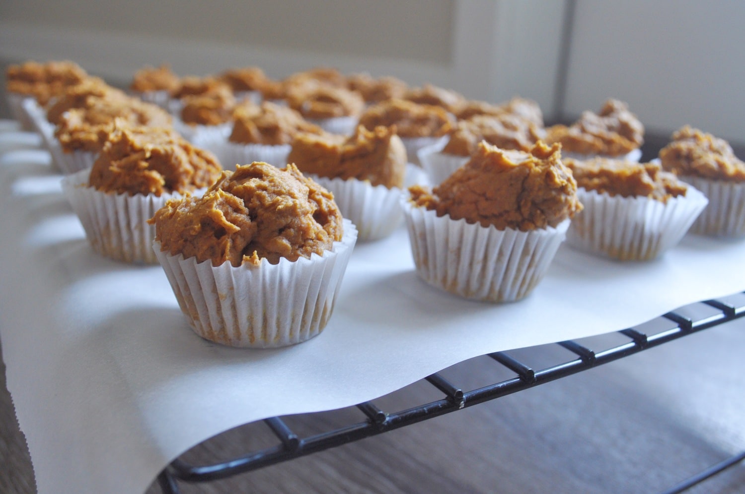 two ingredient pumpkin muffins cooling on a wire rack
