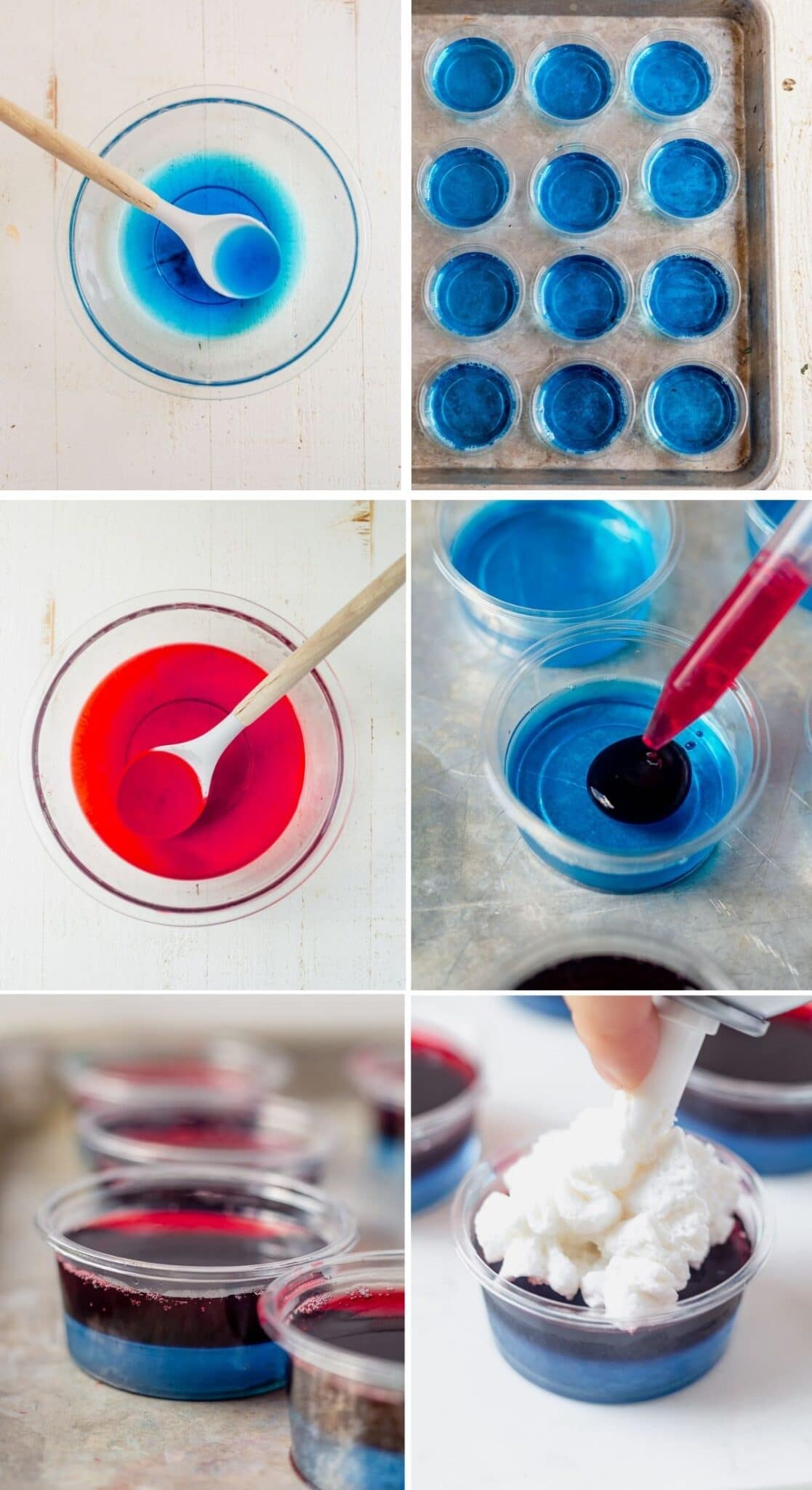 step by step images showing you how to make red white and blue jello shots by making the jello then layering them in 2oz cups and topping them with whipped cream