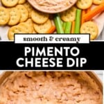 A bowl of pimento cheese dip surrounded by a plate of crackers, carrots, and celery. and then a bowl of pimento cheese dip with beaters of a hand mixer in the bowl