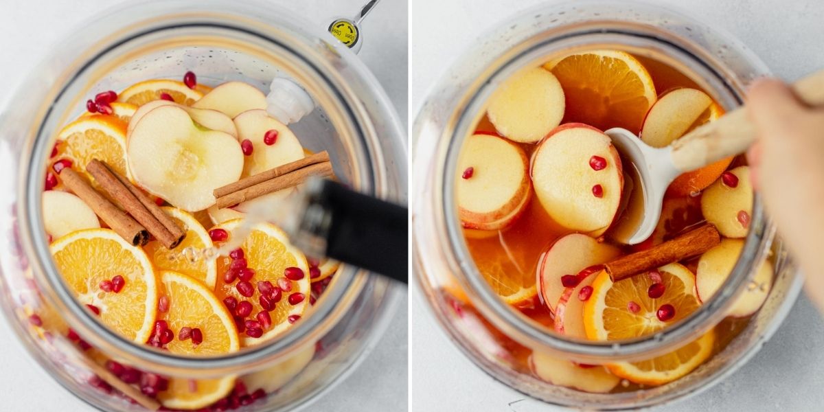 two images showing how to make apple cider sangria and mixing it up in a pitcher