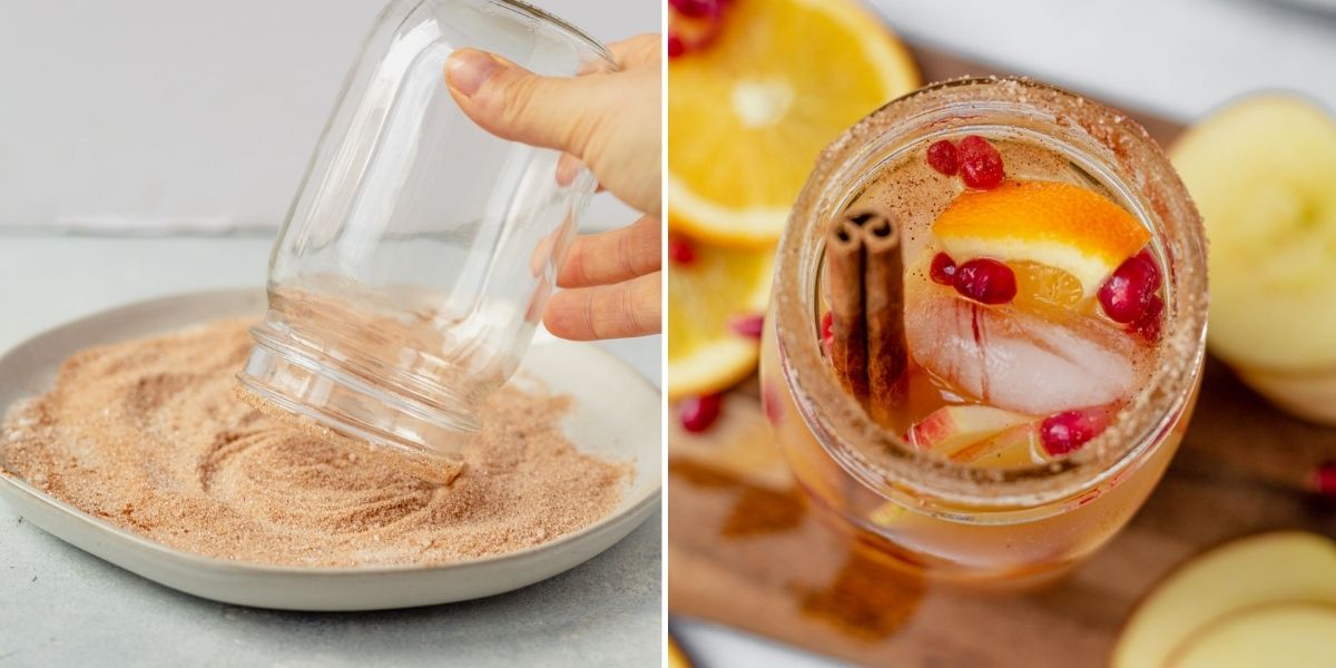 two images showing how to add a cinnamon sugar rim and garnish apple cider sangria