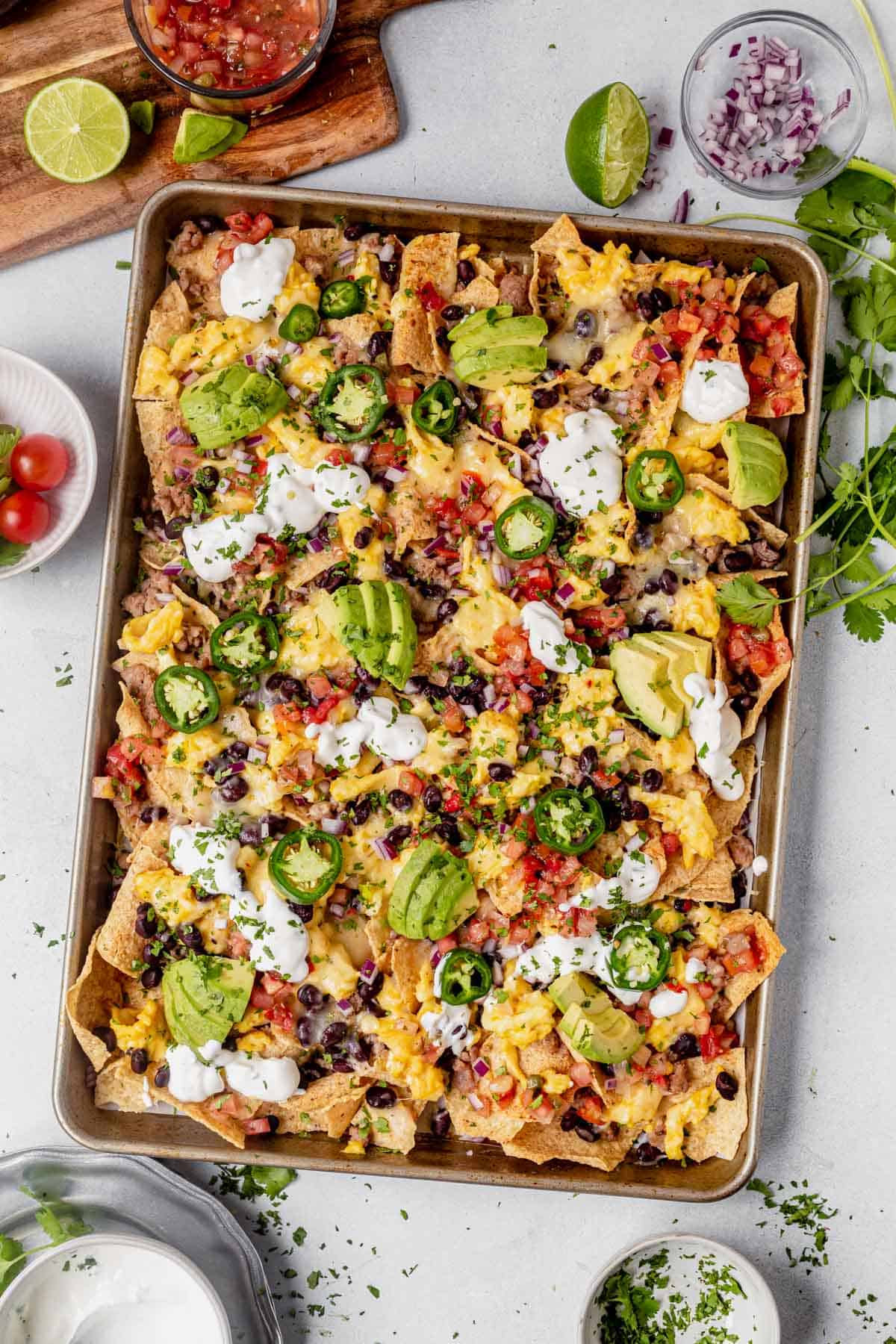 a sheet pan full of breakfast nachos