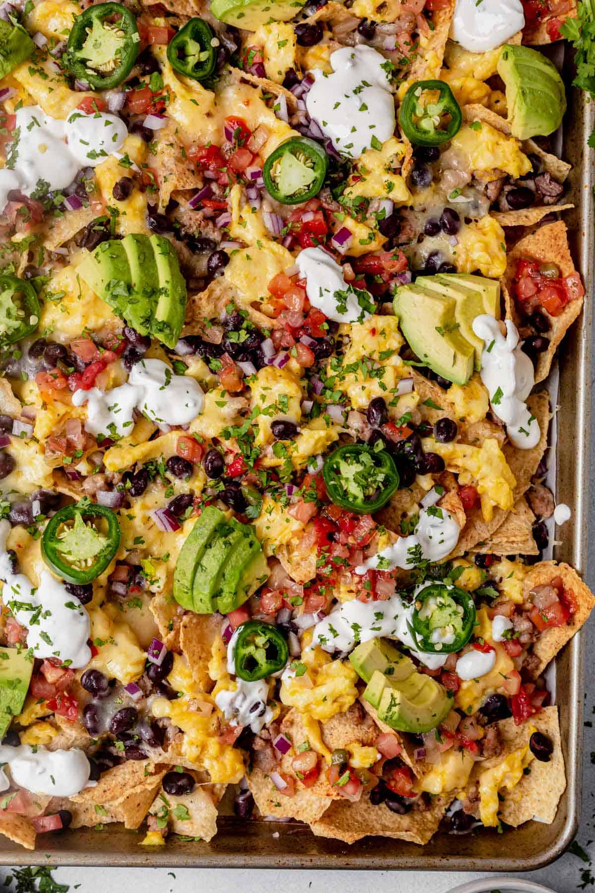 breakfast nachos on a sheet pan