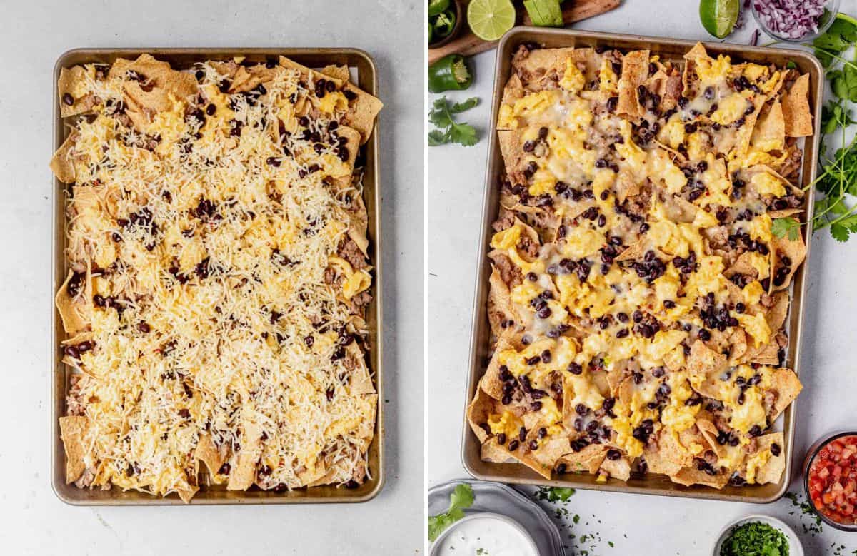 breakfast nachos before and after the cheese is melted