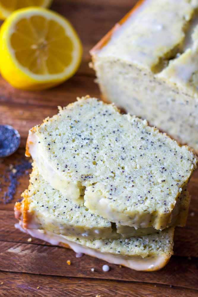 lemon poppy seed bread sliced into