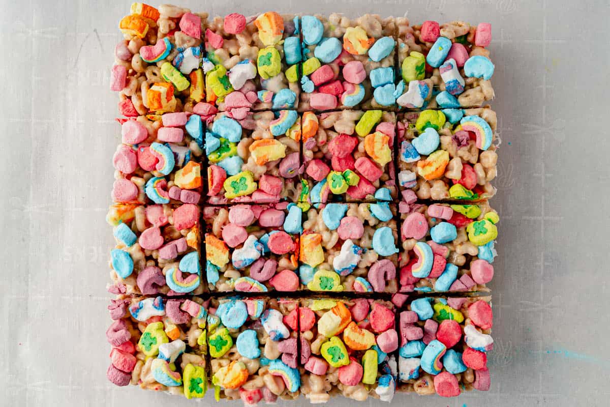 lucky charms rice krispie treats cut into 16 squares