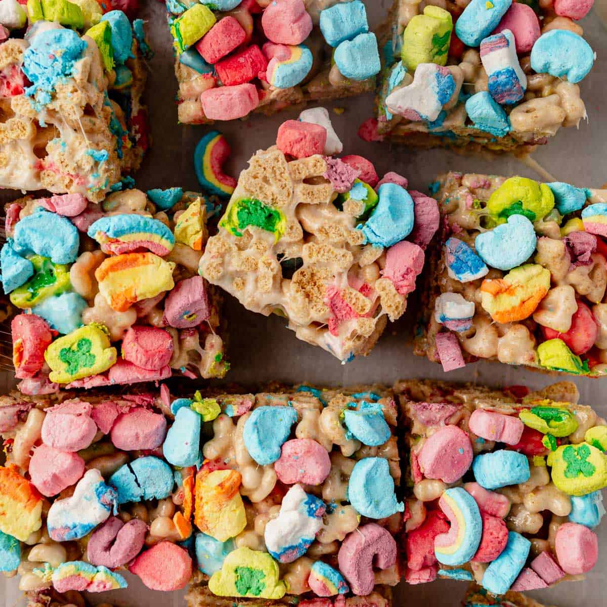lucky charms rice krispie treats cut into squares