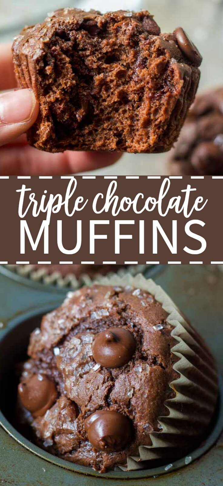 Bakery style triple chocolate muffins made with cocoa, chocolate chunks and dark chocolate chips. The perfect muffin for all the chocolate lovers out there!