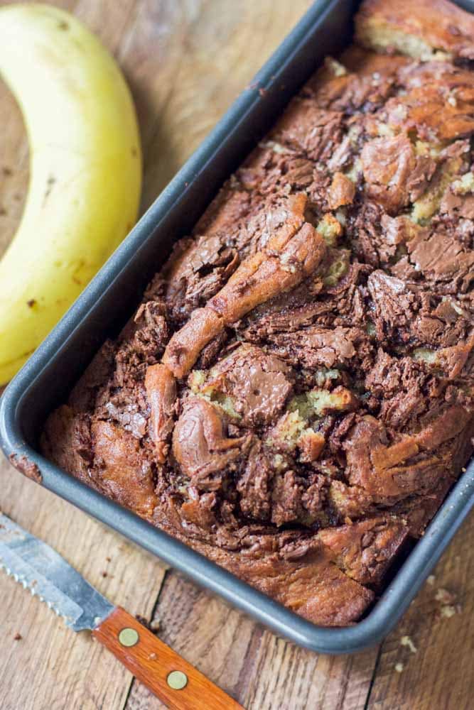 nutealla swirled banana bread recipe in a bread pan