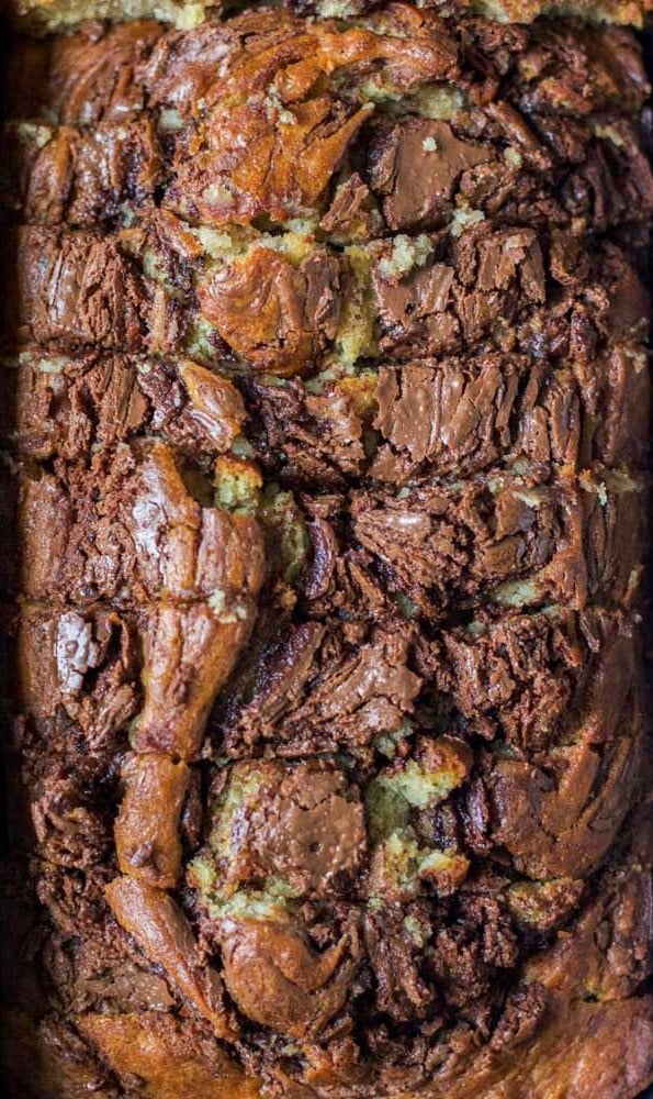 sliced nutella banana bread in the pan