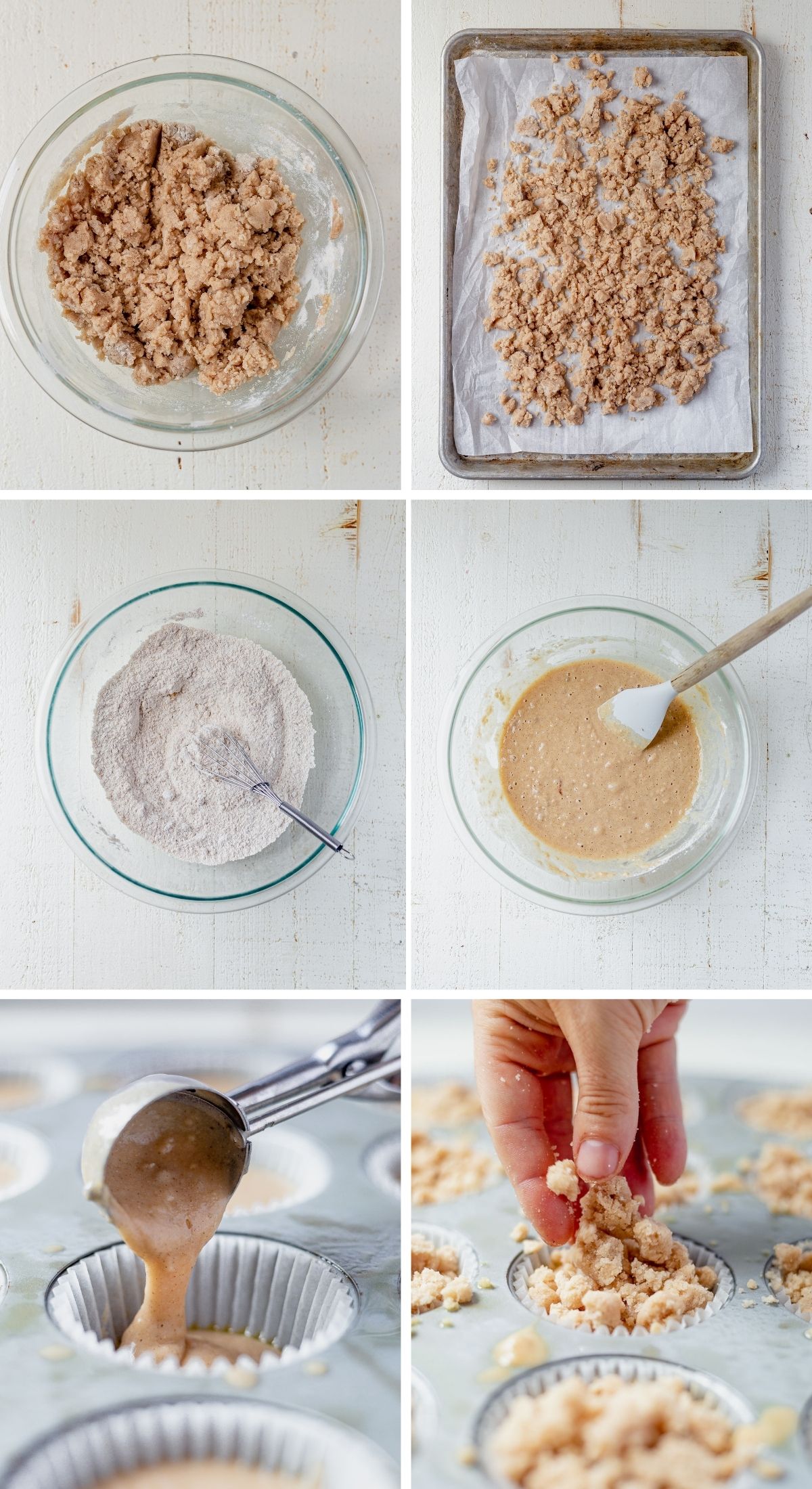step by step images showing how to make coffee cake muffins with crumb topping
