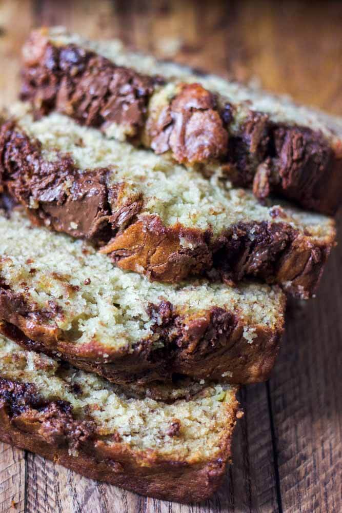 nutella banana bread sliced on a cutting board