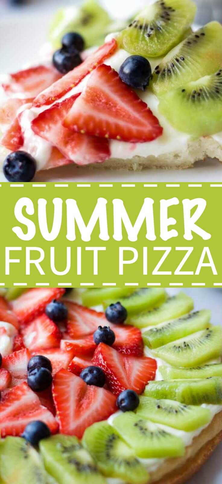 Summer Fruit Pizza featuring a chewy sugar cookie, sweet and tangy cream cheese frosting and fresh summer fruit including strawberries, kiwi and blueberries. 