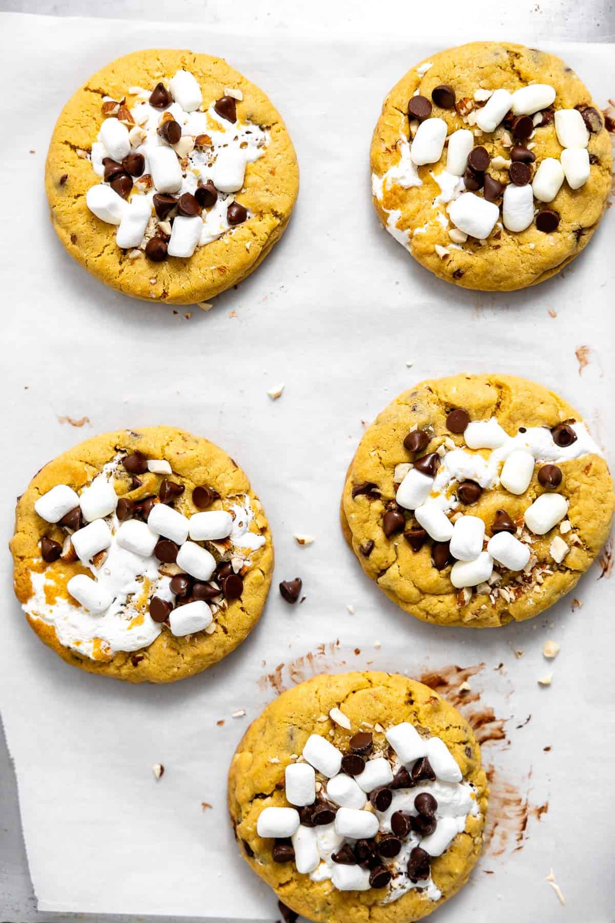 baked rocky road cookies cooling on a sheet pan