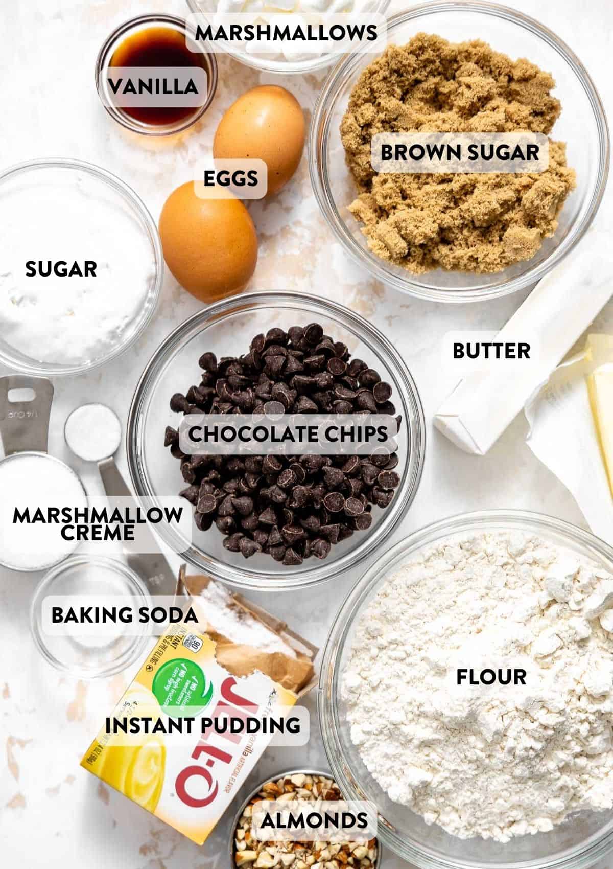 ingredients for rocky road cookies on a counter