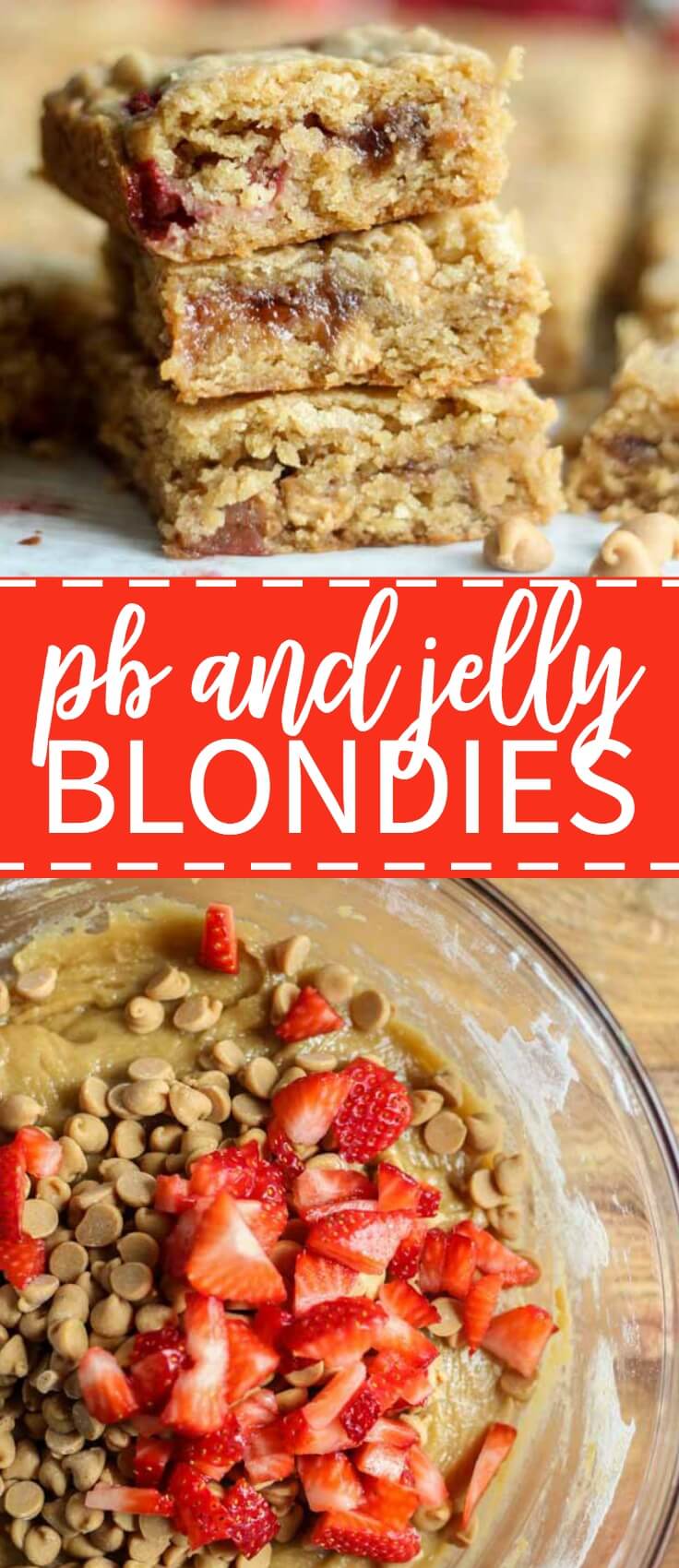 The classic blondie turned peanut butter and jelly just in time for school to start! These peanut butter and jam filled blondies are soft, chewy and a perfectly sweet back-to-school dessert or snack.