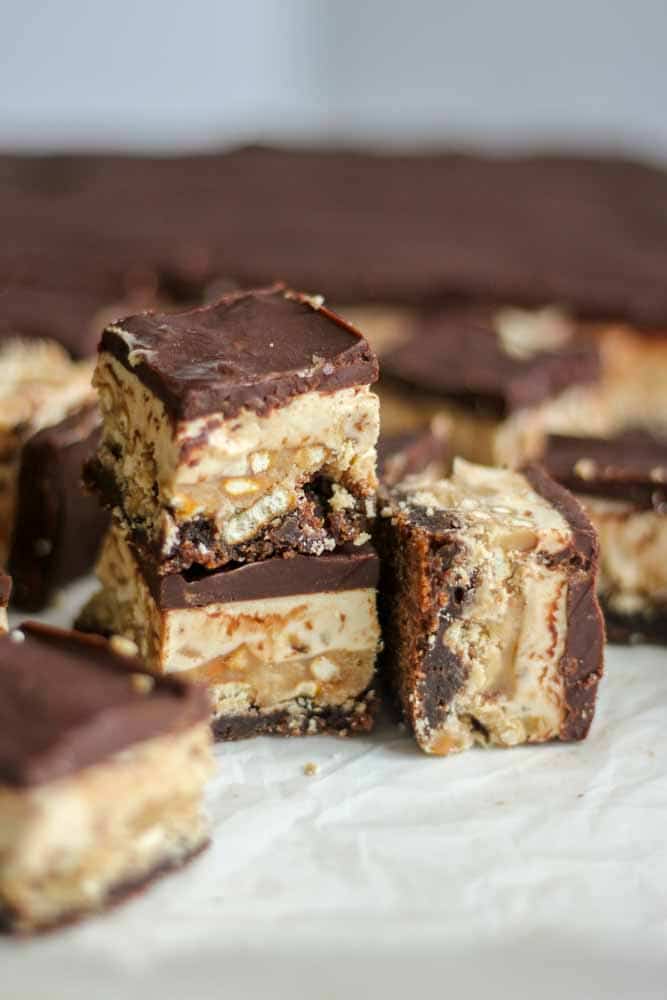 These brownies have four mouthwatering layers! With caramel, nougat and lots of chocolate this salty sweet combo is a brownie lover's dream.