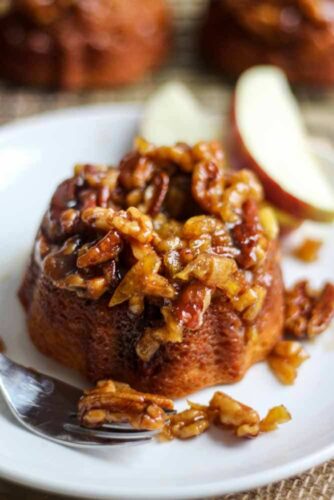 mini caramel apple cake on a plate