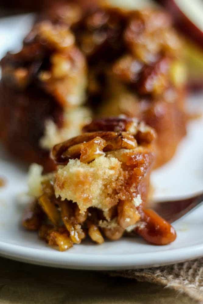 You will love these caramel apple mini cakes! This dessert recipe is easy to make and so moist. It's topped with chopped apples and pecans and so much caramel. Serve with a big scoop of ice cream!