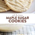 two stacked maple sugar cookies with maple syrup icing and then maple sugar cookies with maple syrup icing cooling on a wire rack and a bowl of icing