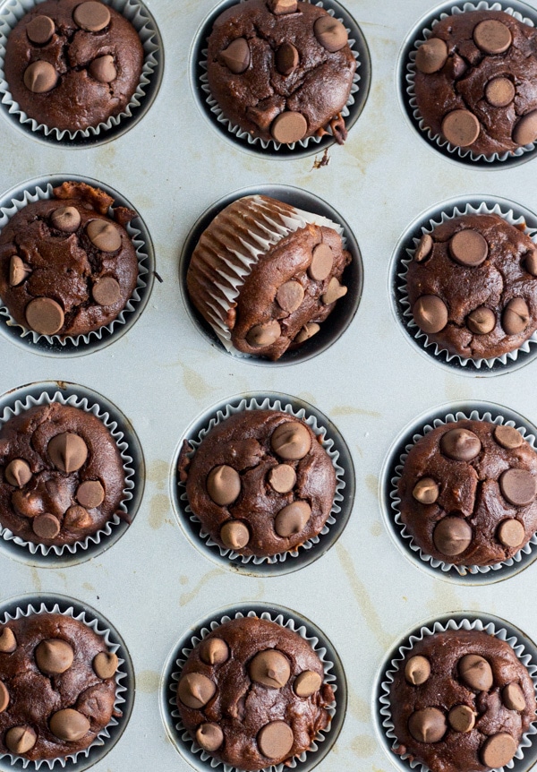 Healthy chocolate banana blender muffins! This muffin recipe is easy to make and gluten free. Mix the dry ingredients then blend all of the wet ingredients together. Fold in chocolate chips and bake until melted and gooey. They're also made with coconut oil and greek yogurt. They're the perfect magical chocolate muffin and so guilt free.