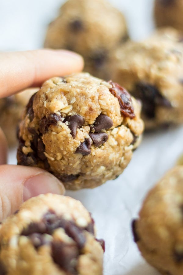 A snack lovers dream, these no bake oatmeal cookie energy bites are loaded with your favorite cookie ingredients without any of the sugar and gluten. Filled with creamy peanut butter, gluten free oats, raisins and chocolate chips, these no bake treats will keep you full and satisfied on the busiest days.