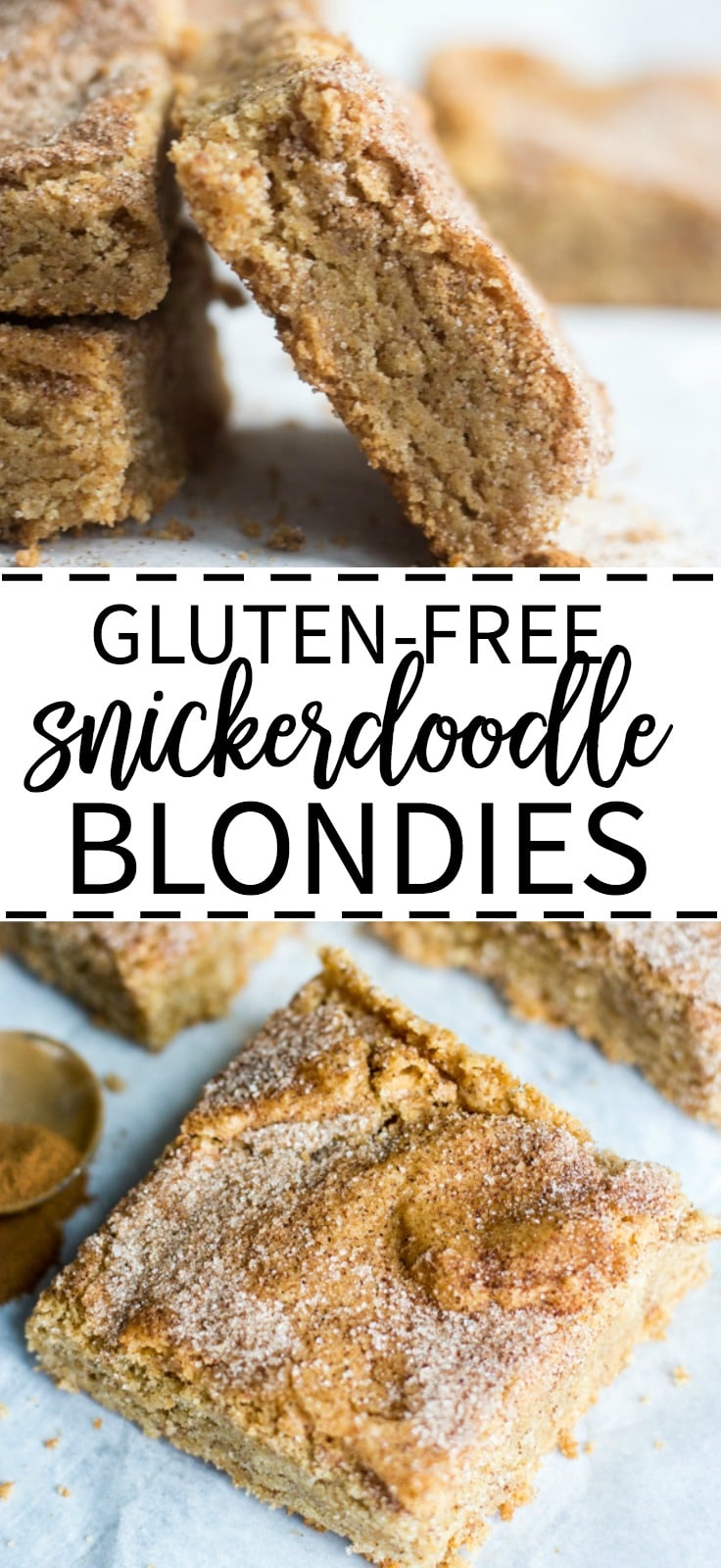 Thick and chewy, these gluten free snickerdoodle blondies are filled with all the flavor and texture you crave from a blondie recipe but don't include any of the gluten. They're filled with butter and brown sugar and lots of cinnamon sugar. This easy recipe doesn't require any mixer and comes together in under 30 minutes. Cut into squares and serve! Keep in the freezer for up to two months.