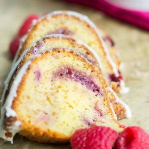 Soft, moist slices of Raspberry Cream Cheese pound cake