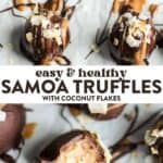 Samoa truffles lined up on a baking sheet and then samoa truffles with one in the middle turned up with a bite taken out