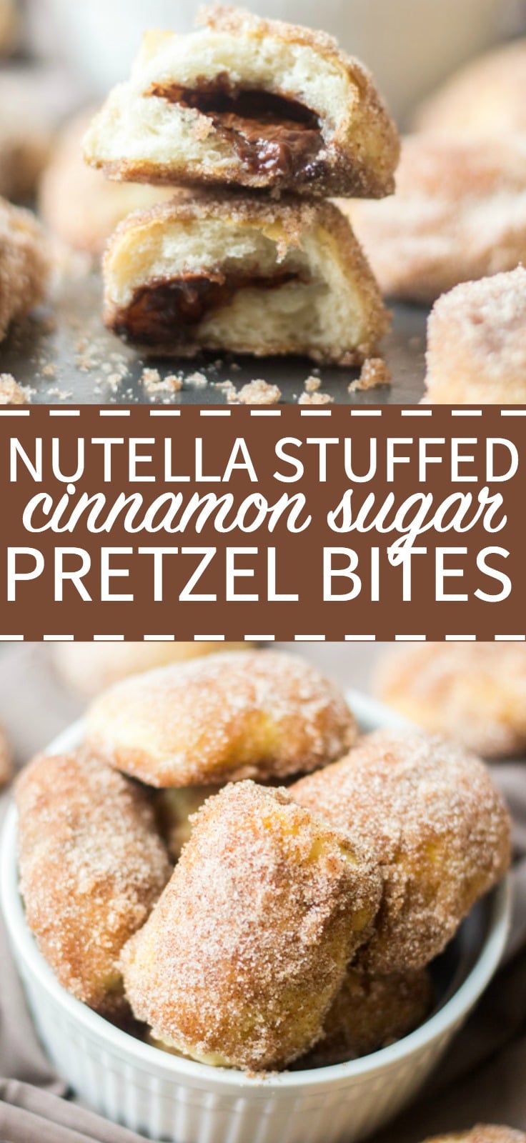 Soft and delicious, these cinnamon sugar pretzel bites are stuffed with nutella and are the perfect snack or dessert recipe for parties. 