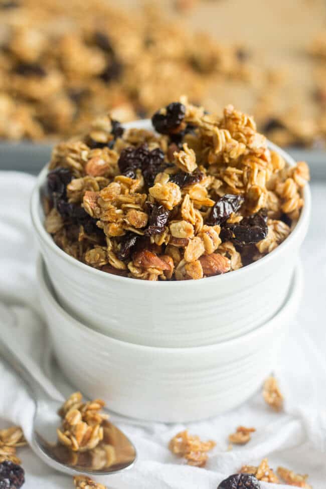 Crunchy, sticky and sweet, this homemade cherry almond granola is made in one bowl and has so much flavor. Sweetened with mostly maple syrup, this healthy breakfast or snack recipe is so easy to make. Mix all 8 ingredients in a bowl and spread it on the pan and bake for 45 mins. 