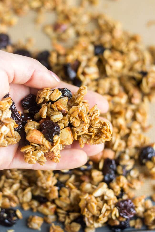 Crunchy, sticky and sweet, this homemade cherry almond granola is made in one bowl and has so much flavor. Sweetened with mostly maple syrup, this healthy breakfast or snack recipe is so easy to make. Mix all 8 ingredients in a bowl and spread it on the pan and bake for 45 mins. 