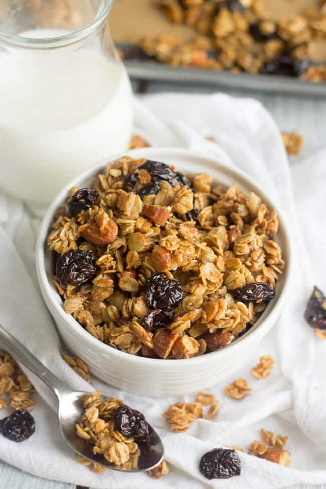 Crunchy, sticky and sweet, this homemade cherry almond granola is made in one bowl and has so much flavor. Sweetened with mostly maple syrup, this healthy breakfast or snack recipe is so easy to make. Mix all 8 ingredients in a bowl and spread it on the pan and bake for 45 mins. 