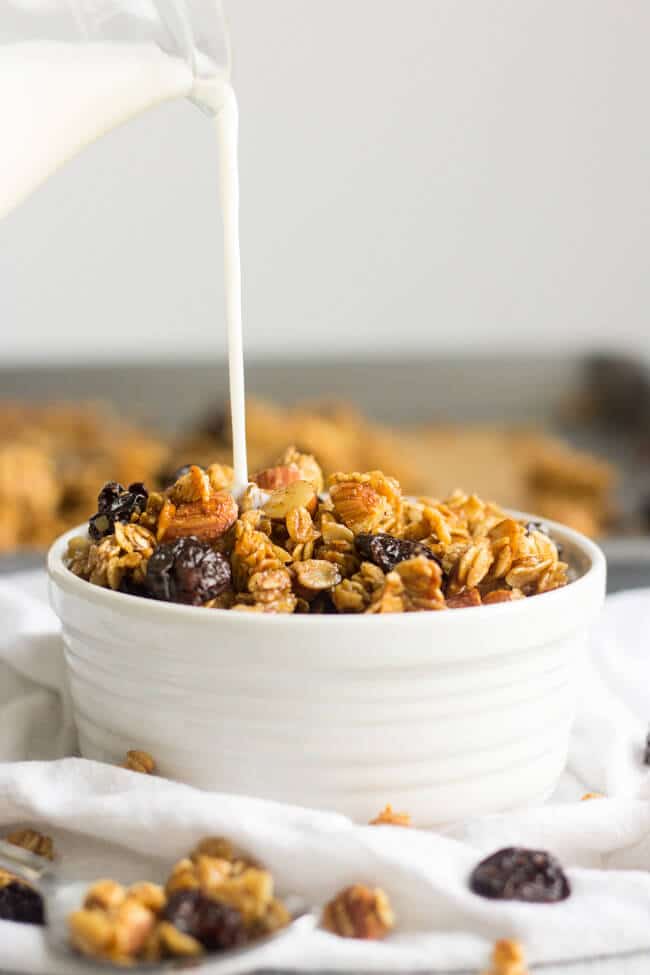 Crunchy, sticky and sweet, this homemade cherry almond granola is made in one bowl and has so much flavor. Sweetened with mostly maple syrup, this healthy breakfast or snack recipe is so easy to make. Mix all 8 ingredients in a bowl and spread it on the pan and bake for 45 mins. 