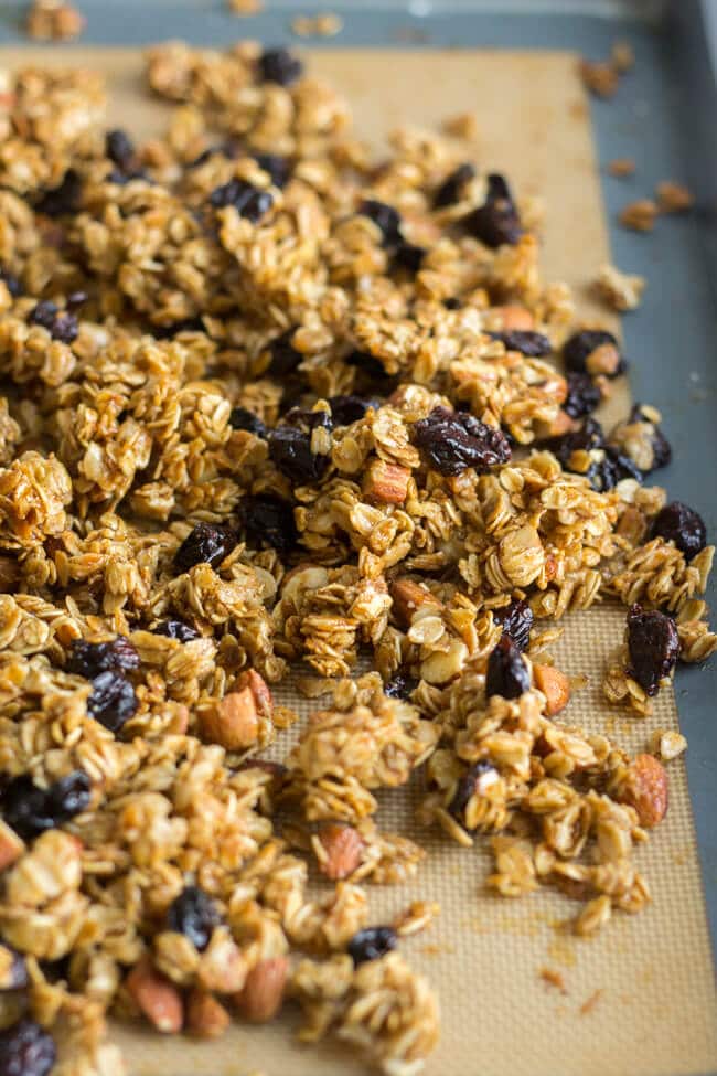 Crunchy, sticky and sweet, this homemade cherry almond granola is made in one bowl and has so much flavor. Sweetened with mostly maple syrup, this healthy breakfast or snack recipe is so easy to make. Mix all 8 ingredients in a bowl and spread it on the pan and bake for 45 mins. 