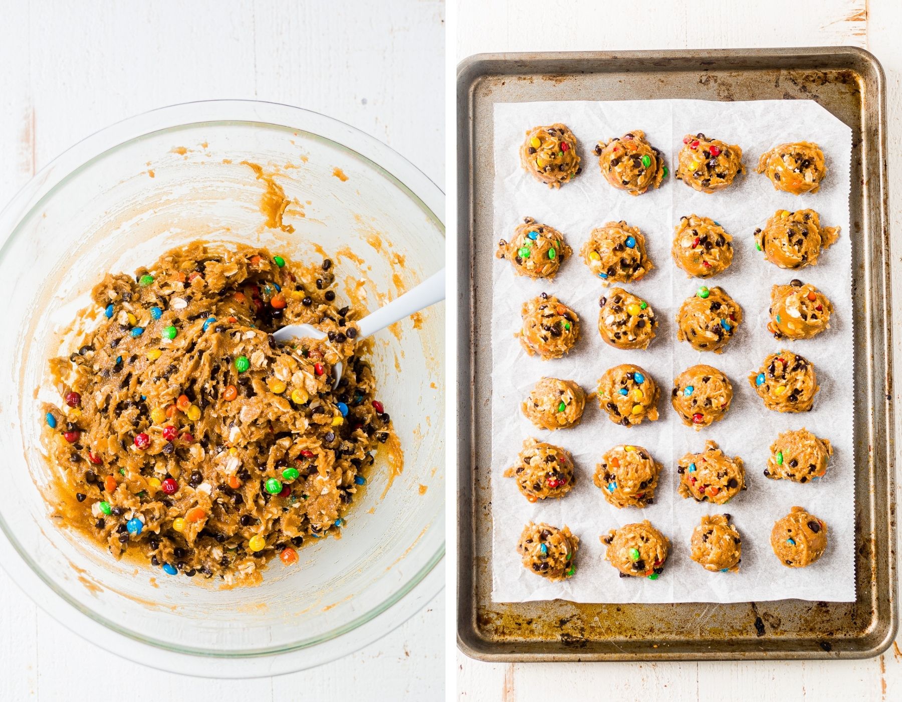 flourless monster cookie dough in a bowl with a spatula and a cookie sheet with the dough scooped into balls