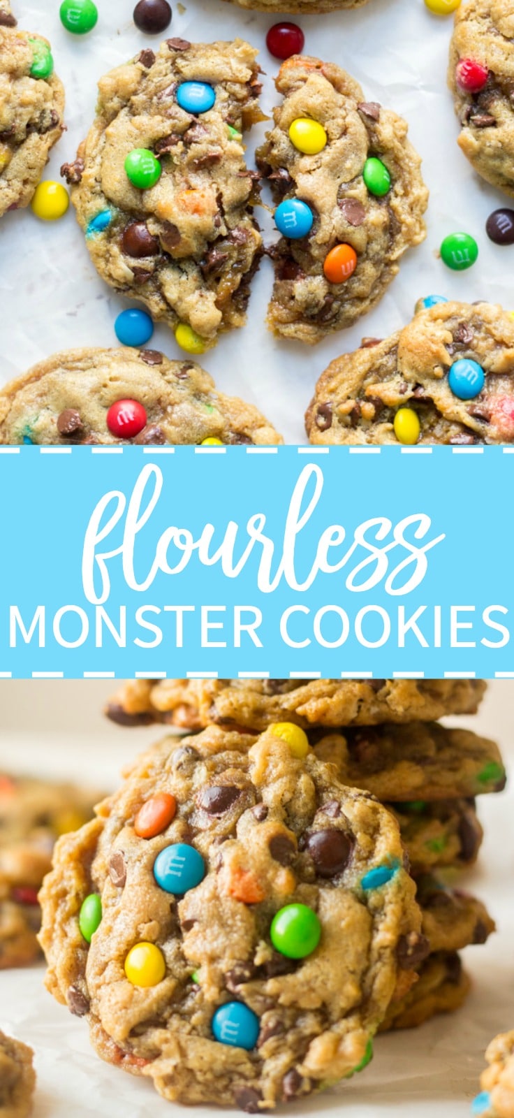 Thick and chewy, these flourless monster cookies are so easy to make. They require only one bowl and are filled with your favorite monster cookie ingredients. Gluten free options are super easy to add and the flavor is out of this world.