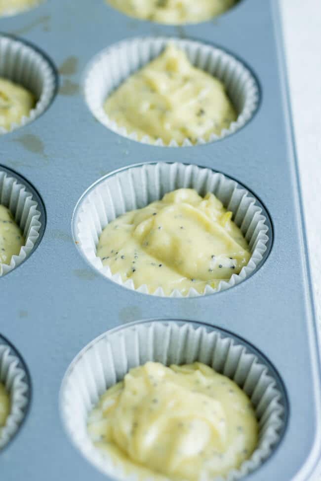 Healthier lemon poppy seed muffins batter in muffin tin with paper cups