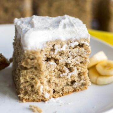 Healthy Banana Cake! You will no believe how easy and healthy is banana cake recipe is. It's oil free and refined sugar free and naturally sweet from the bananas. Top it with vegan coconut whipped cream frosting and your friends will be amazed! So moist and flavorful!