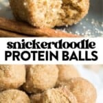 two images of a bite taken from a snickerdoodle protein ball and then a bowl of protein balls.