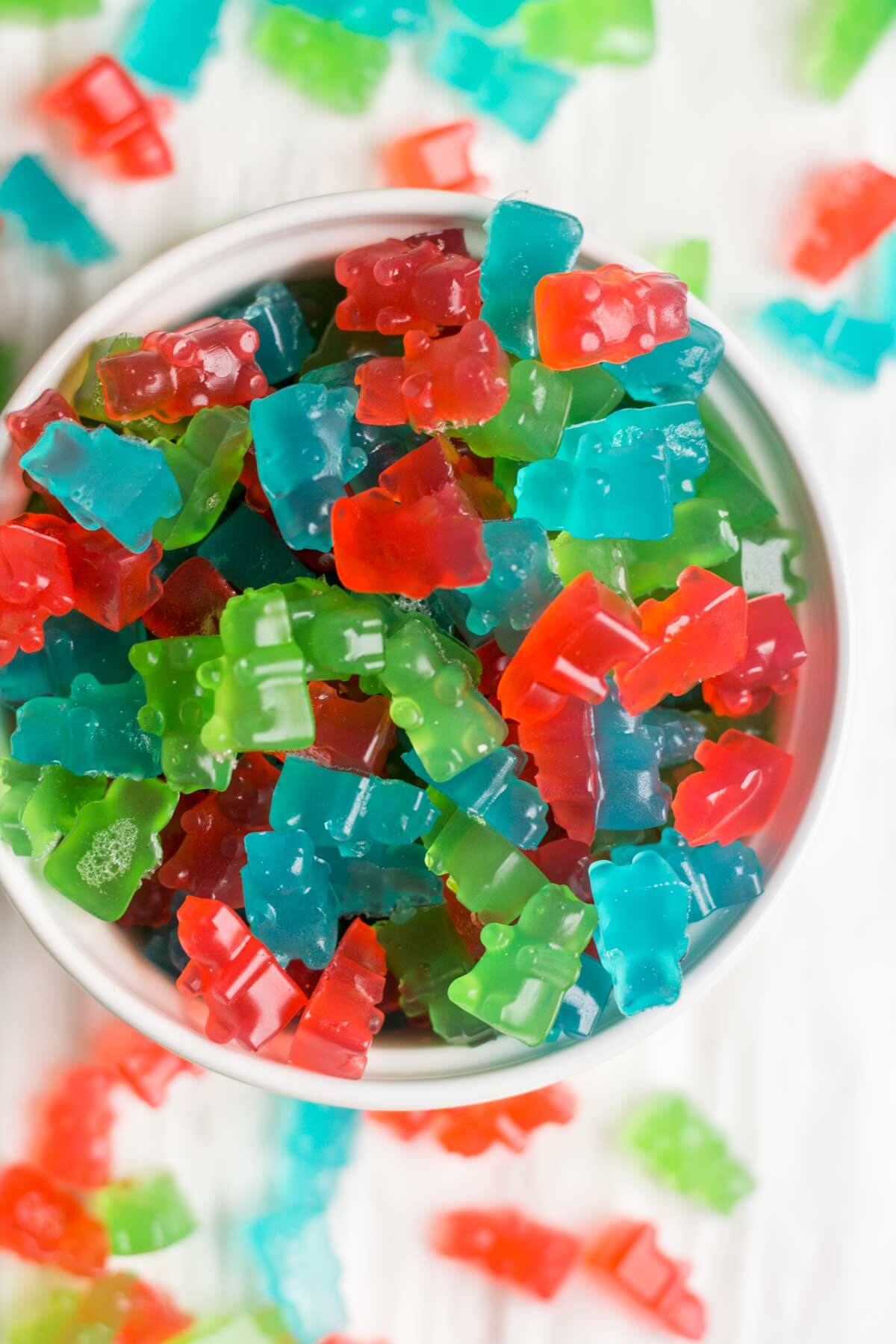 Pre-workout gummies in a bowl on a counter