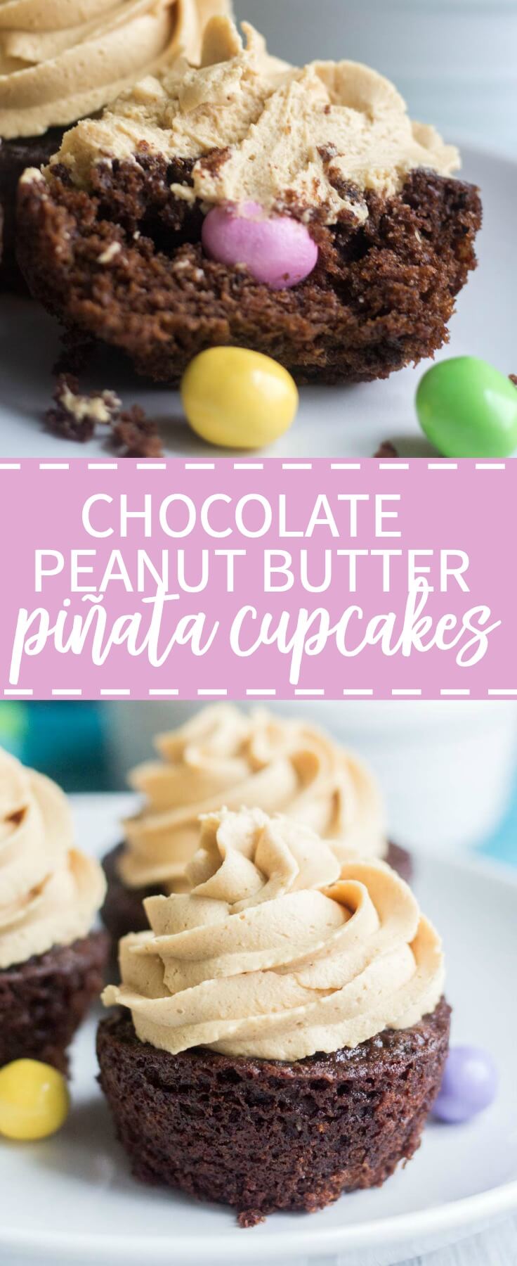 Light and fluffy chocolate cupcakes are topped with a sweet and creamy peanut butter frosting. Plus, there's a fun Easter surprise on the inside! These Chocolate Peanut Butter Piñata Cupcakes will surprise and delight all of your friends and family.