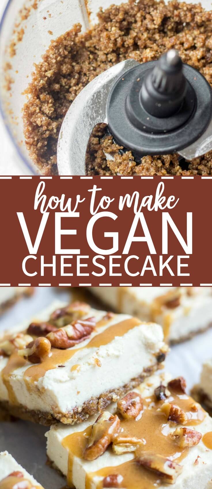 Vegan cheesecake is so much easier than you think! This no bake dessert recipe is healthy, raw and paleo. The crust is made with dates and pecans and the smooth and creeamy filling is made wit pecans, coconut milk, coconut oil and lemon juice. It's so healthy and easy to make, everyone will love it.