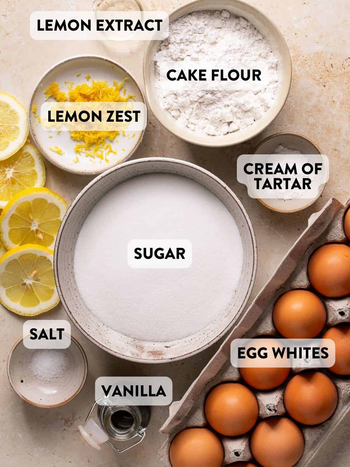 lemon angel food cake ingredients on a counter