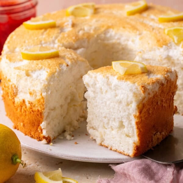 lemon angel food cake on a cake stand