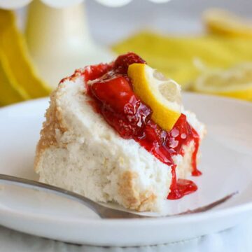 Light and fluffy, this lemon angel food cake melts in your mouth and packs a powerful citrus punch. Made with fluffy egg whites and lots of lemon zest, this cake recipe will be your new go-to for spring and summer entertaining. Serve it with strawberry compote on top for a bright bite of fruity flavor.