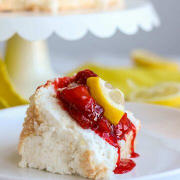 Light and fluffy, this lemon angel food cake melts in your mouth and packs a powerful citrus punch. Made with fluffy egg whites and lots of lemon zest, this cake recipe will be your new go-to for spring and summer entertaining. Serve it with strawberry compote on top for a bright bite of fruity flavor.