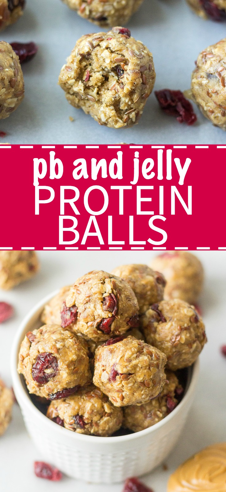 These PB & J Protein Balls are going to be your new favorite bite-sized snack! They're made with all healthy ingredients and packed with protein for a filling snack on-the-go.